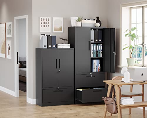 Letaya Metal Storage Cabinet with Lock, 2 Drawers, Adjustable Shelves, Black N4147