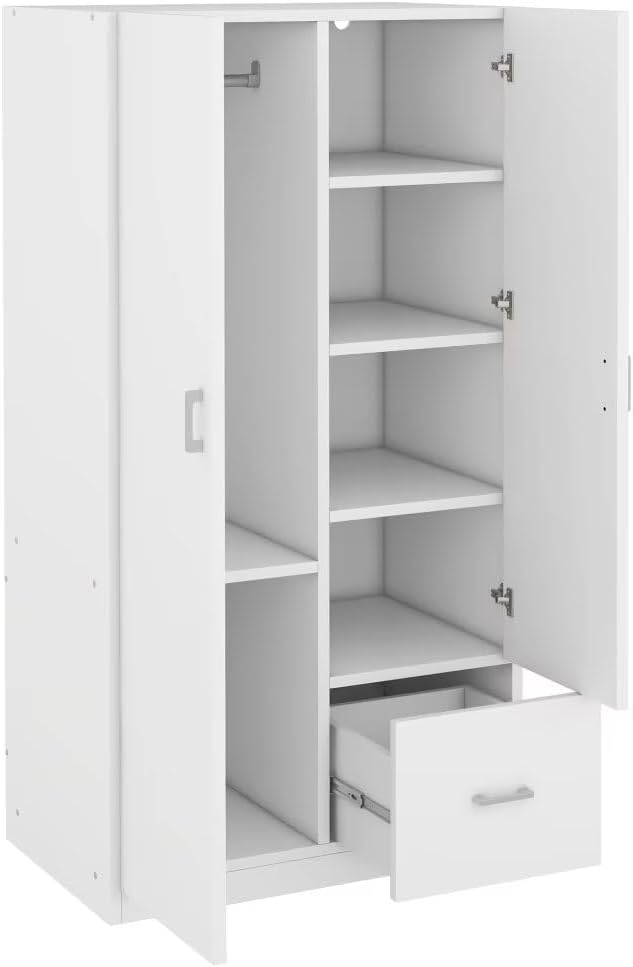 Wooden Wardrobe with Double Doors, 5 Shelves and Drawer, White C675