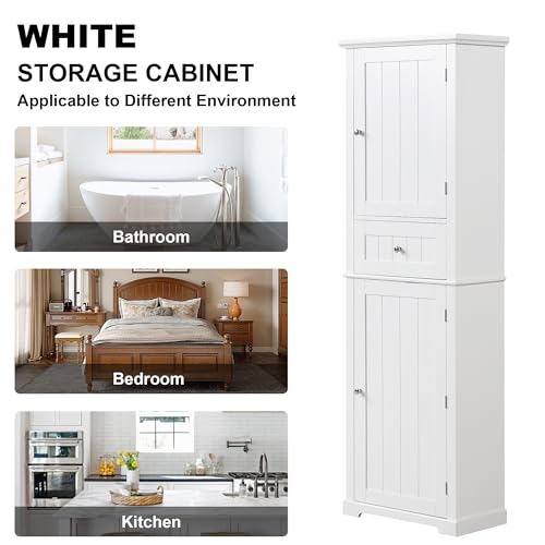 Tall Bathroom Storage Cabinet with Drawer and Adjustable Shelf, White C384