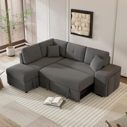 DEINPPA Sleeper Sofa, Sectional Sleeper Sofa with Double Storage Ottoman and 2 Stools, L Shape Sofa Wireless Charger and Two Hidden USB Ports for Living Room, Chenille Fabric-Cream