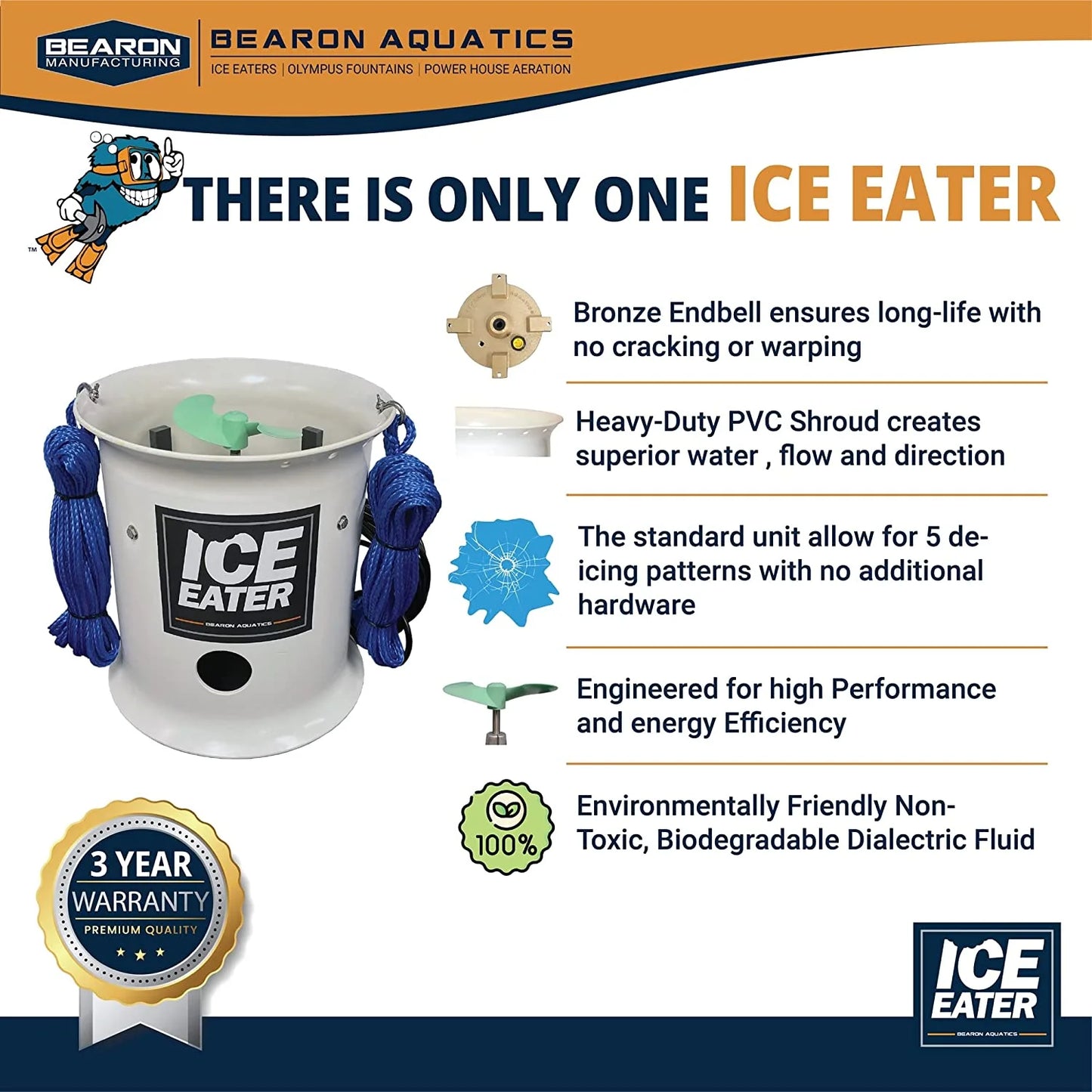 ICE EATER P1000/150-1 Horse Power 115V Pond Deicer with 150 ft Power Cord L58102