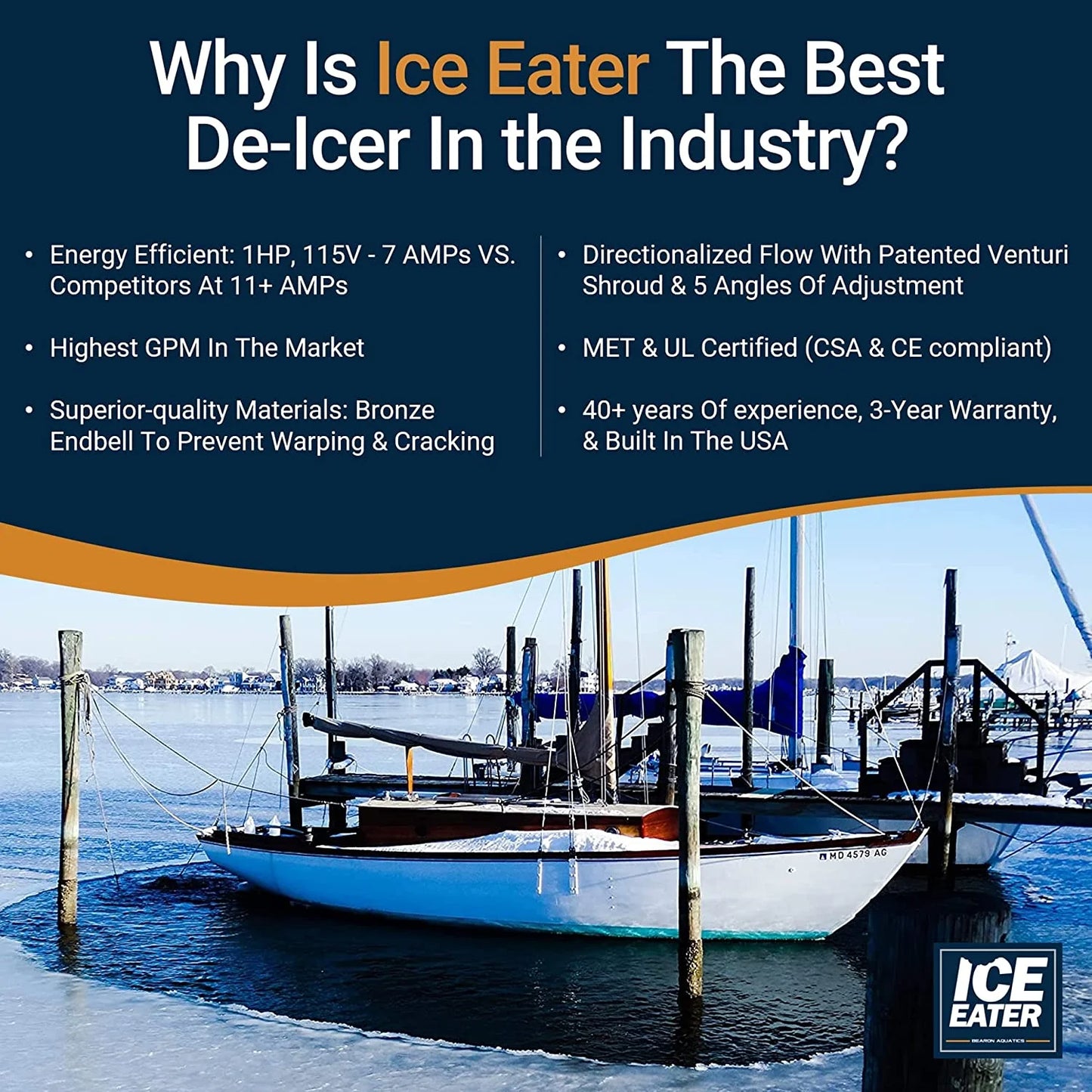 ICE EATER P1000/150-1 Horse Power 115V Pond Deicer with 150 ft Power Cord L58102