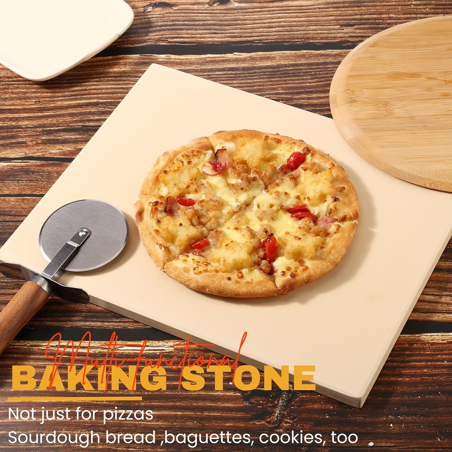 Pizza Stone Set of 3 with Wooden Peel and Stainless Steel Cutter A759