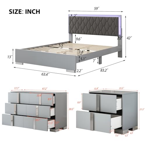 Queen Wood Upholstered Bed with LED Lights, 4-Piece Bedroom Set (Grey) A7583
