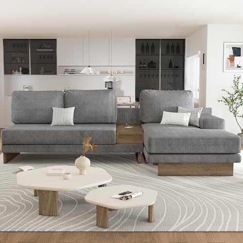 114" L-Shaped Sofa Sectional Sofa with Two USB Ports and Two Power Socket, Modern Couch Set with a Storage Drawer and a Reversible Chaise Lounge for Living Room (Grey)