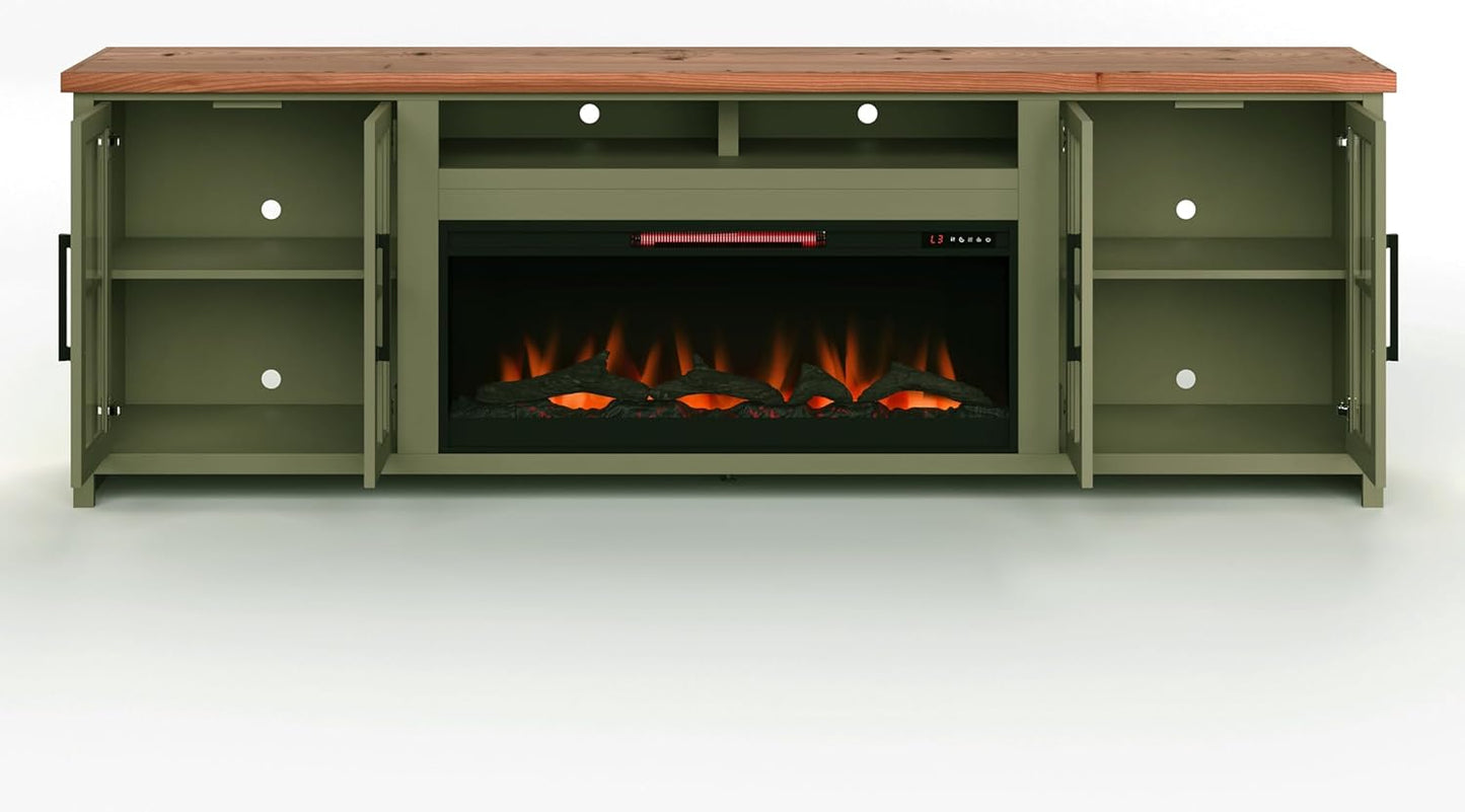 Bridgevine Home Vineyard 97 inch Fireplace TV Stand Console for TVs up to 100 inches, Sage Green and Fruitwood S374146