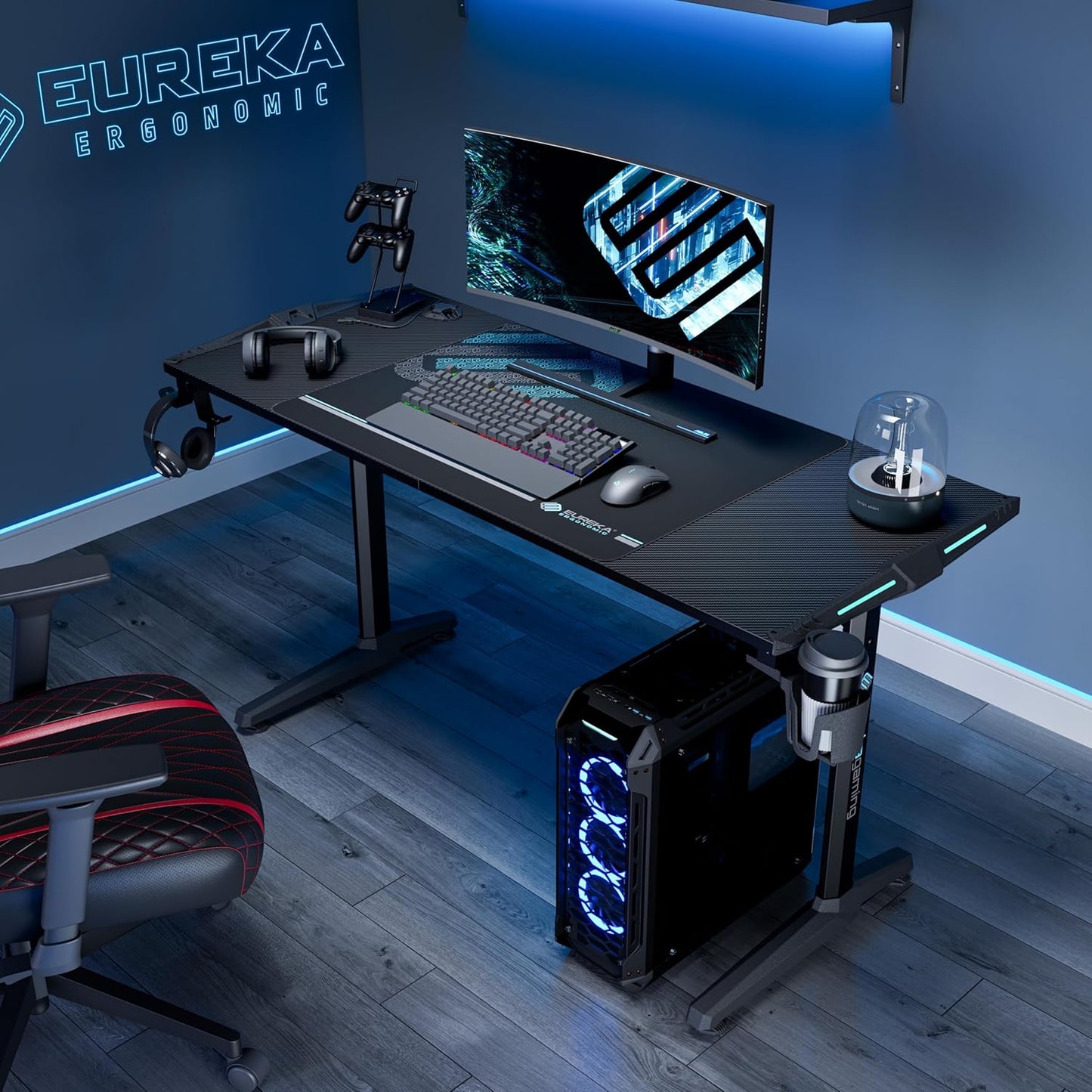 EUREKA ERGONOMIC RGB Gaming Desk 55 Inch Computer Desk with USB Ports, Black Q742