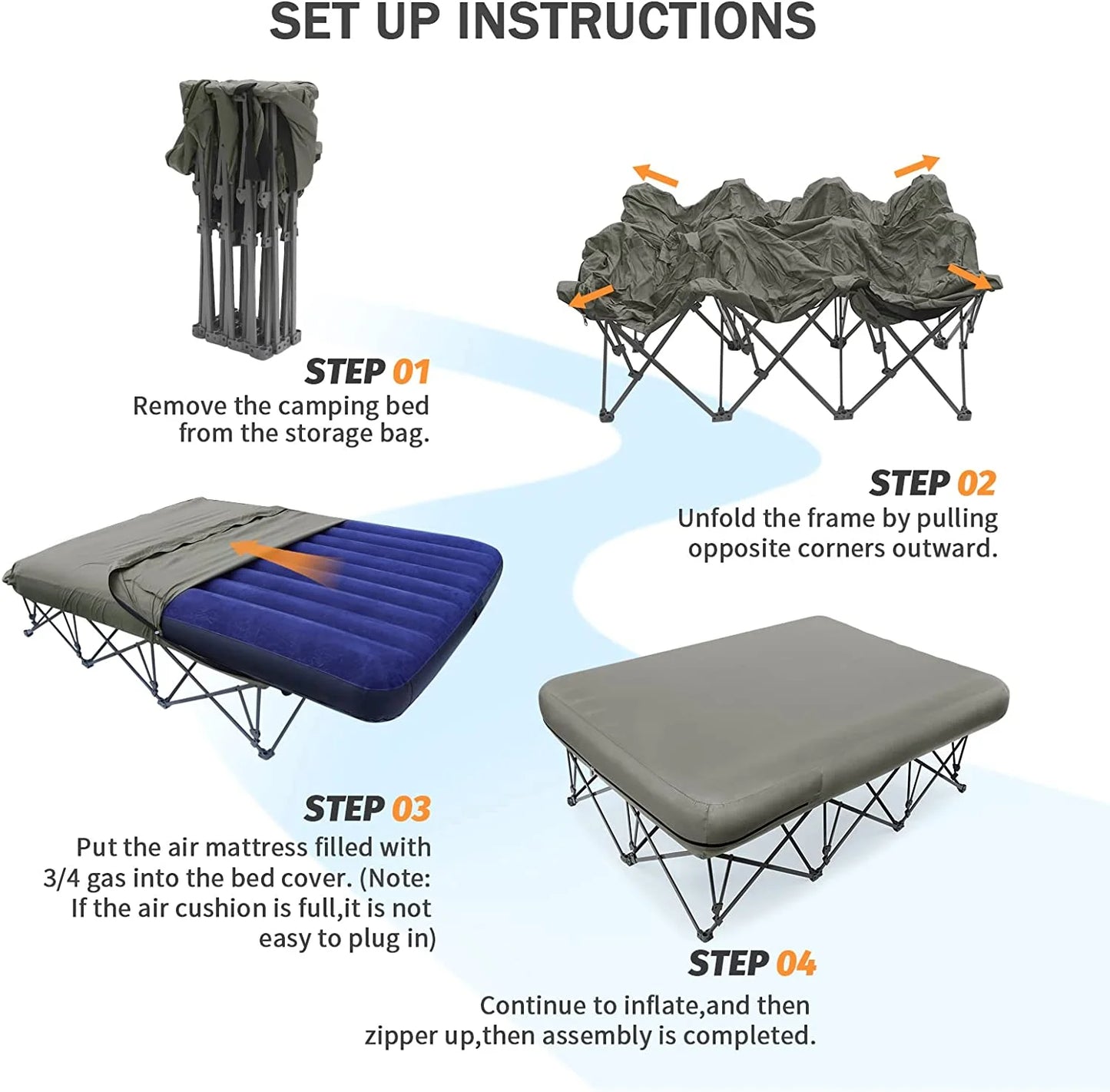 QCAI 2 Person Camping Cot with Inflatable Air Mattress and Carry Bag N7177