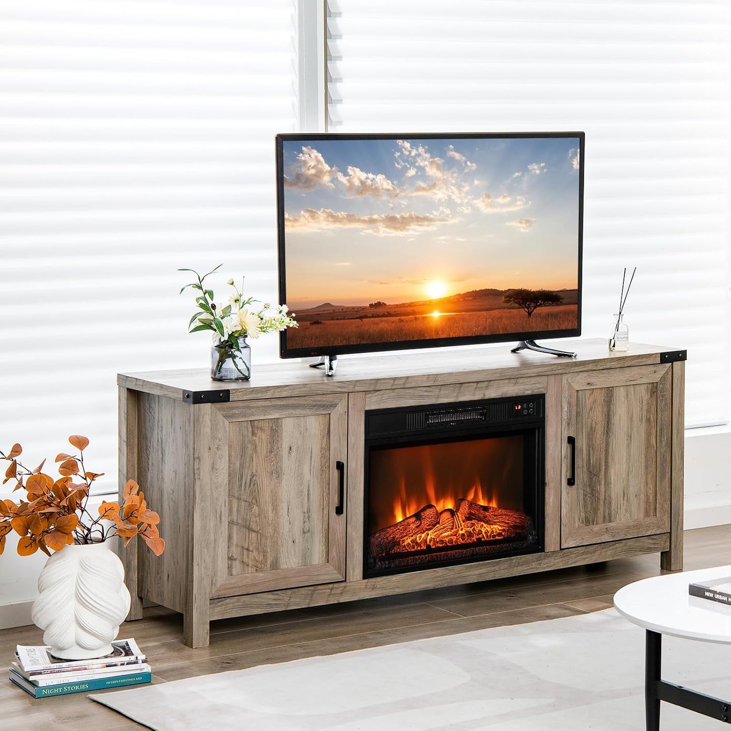 COSTWAY Electric Fireplace TV Stand for TVs up to 70 Inches, Farmhouse Media Center with Storage W3192
