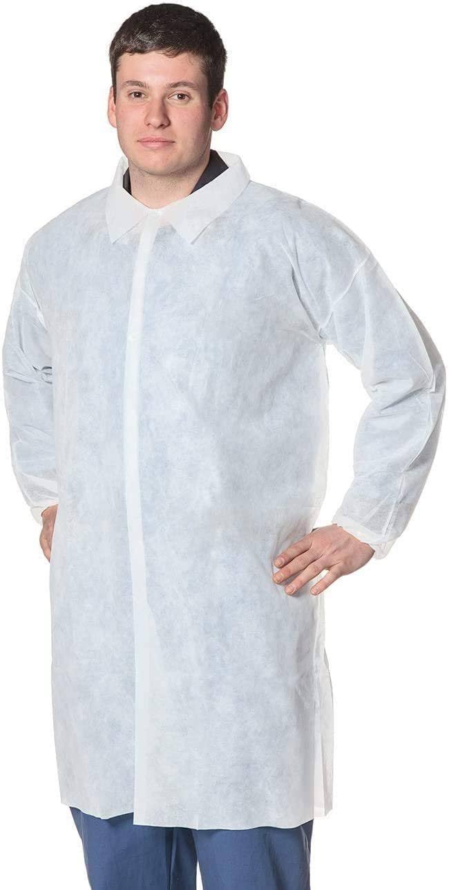50 Pack White Disposable Polypropylene Lab Coats X-Large 44x22 Long /w Hook u0026 Loop Fastener, Collar, Elastic Wrists, No Pock