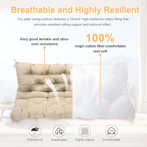 Porch Swing Cushion with Backrest, Waterproof Outdoor Bench Cushion, 2-3 Seater with Ties, Light Coffee Y6949