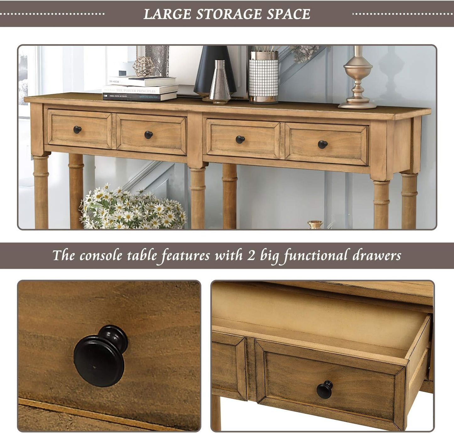 Farmhouse Console Sofa Table with Two Storage Drawers, Solid Wood, Old Pine, 58 Inch A5015