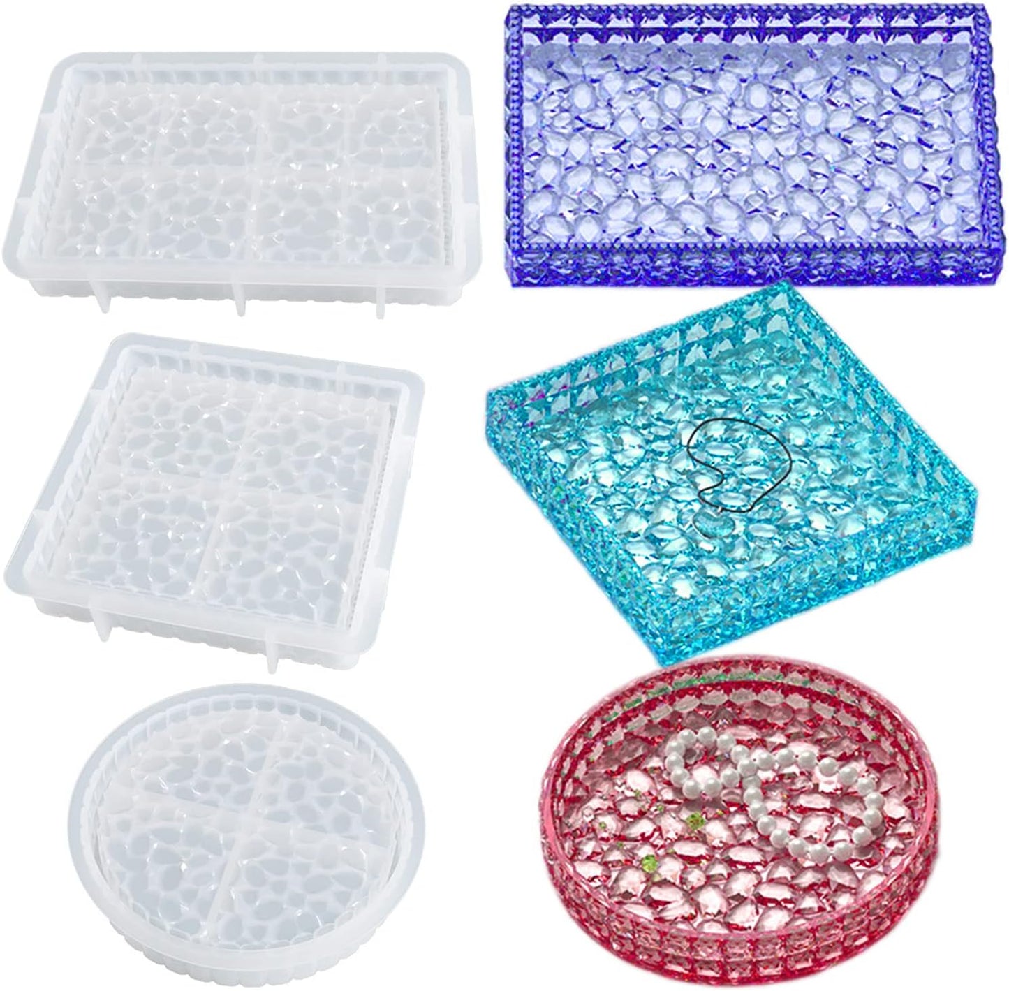 3PCS Diamond Resin Tray Mold with Edges, Silicone Tray Mold for Resin Casting, Square Rectangle Round Epoxy Mold DIY Jewelry Plate Box Candle Holder Container Resin Art Craft Making Supplies