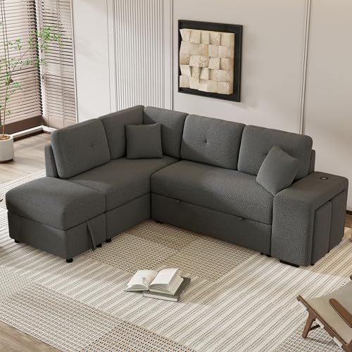 DEINPPA Sleeper Sofa with Storage Ottoman and 2 Stools, Chenille Fabric, Cream H631676