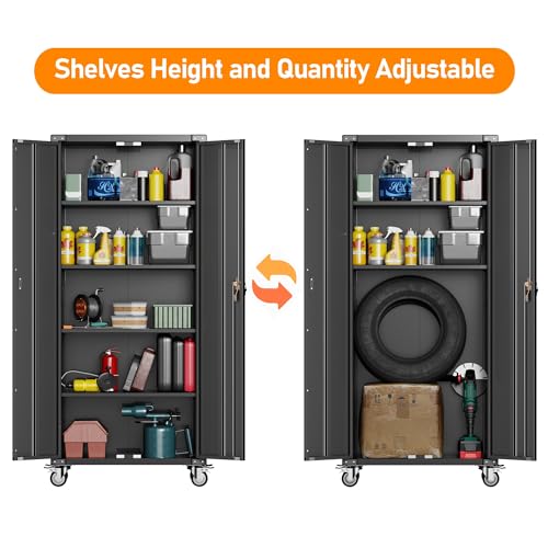 Metal Storage Cabinet with Wheels, 71" Tall, 5-Tier Locking Rolling Cabinet I470