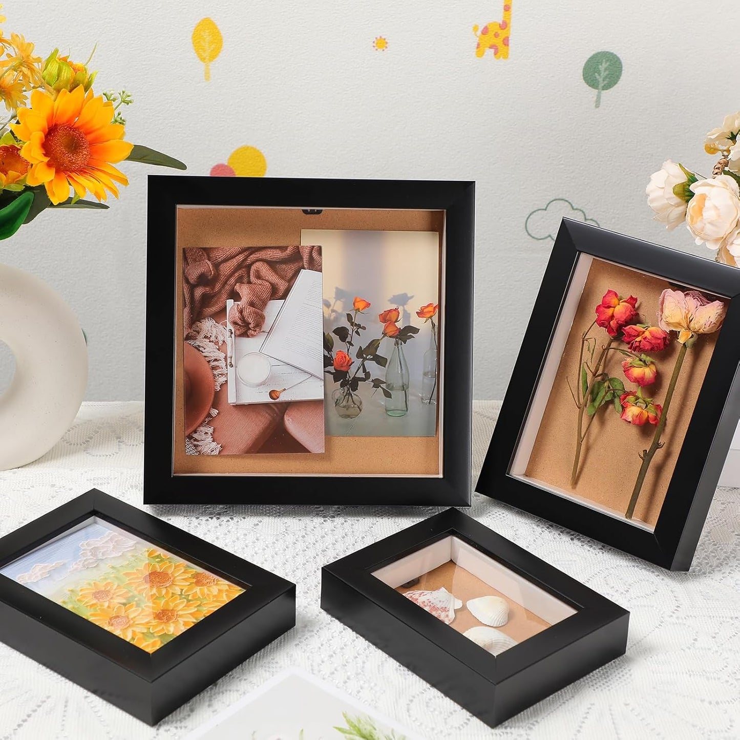 6 Pcs Shadow Box Frame 4 Size Black Wood Display Case for Photos, Medals, Keepsake Q10550
