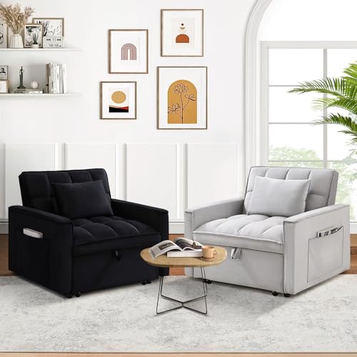 Velvet Tufted 3 in 1 Convertible Sleeper Sofa Bed with Adjustable Backrest, Grey G74205