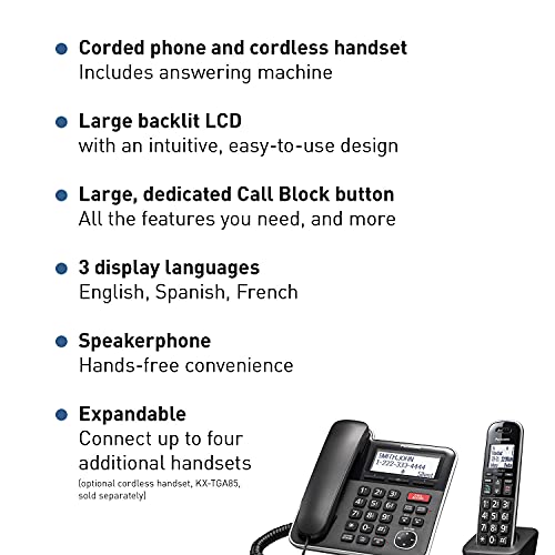 Panasonic Expandable Corded/Cordless Phone System with Answering Machine – 2 Handsets, KX-TGB852B (Black) T249