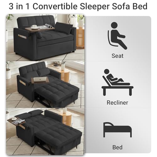 3 in 1 Convertible Sleeper Sofa Bed Futon Loveseat with Pillows, Black E19326