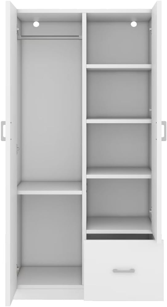 Wooden Wardrobe with Double Doors, 5 Shelves and Drawer, White C675