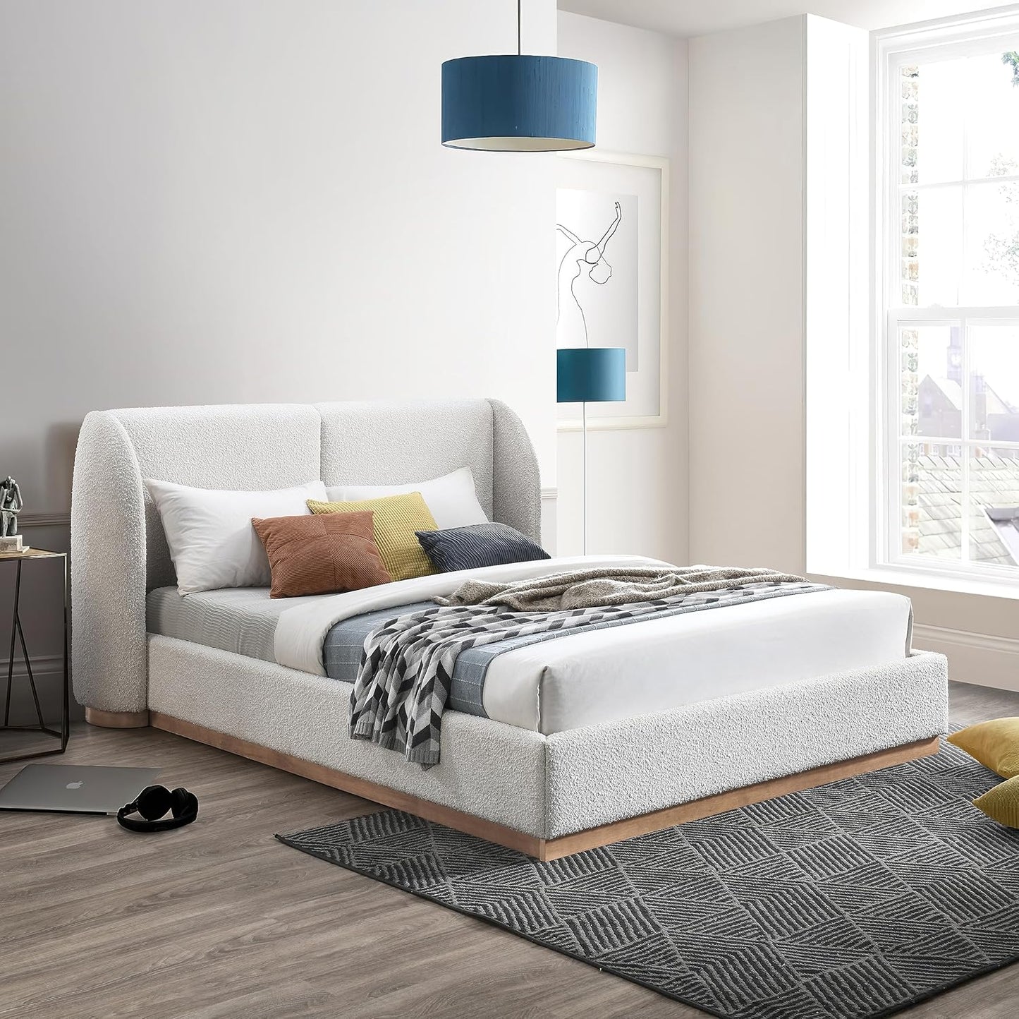 Meridian Furniture Jardin Art Deco Full Bed in Cream Boucle Fabric T908411