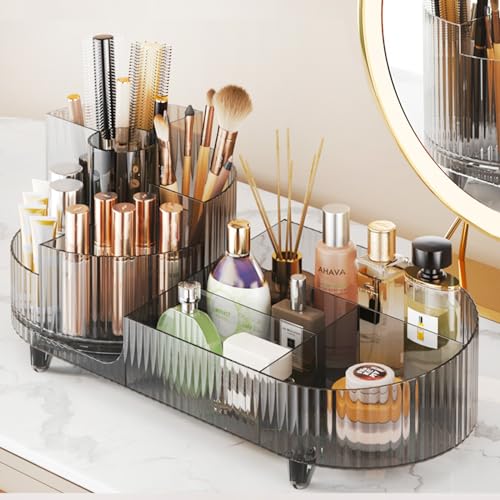 Rotating Makeup Organizer for Vanity with Brush Holder and Drawer, 3 Layer Cosmetic Makeup Storage, Large Makeup Skincare Organizer, Countertop Makeup Perfume Organizer, Lotions Display Case(White)