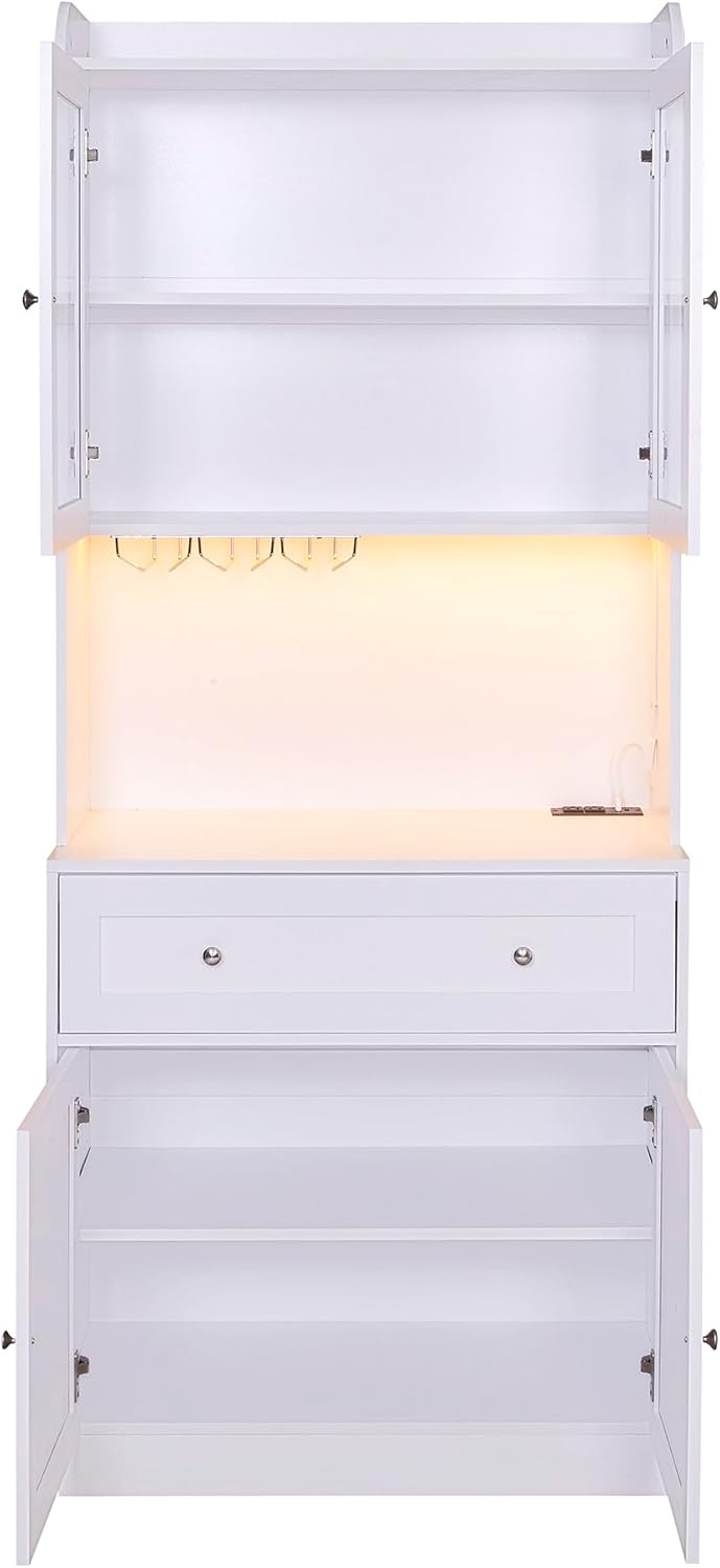 75.2" Pantry Cabinet with LED Lights and Charging Station, Wood Buffet Sideboard E42644