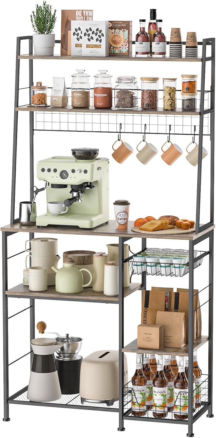 X-cosrack Coffee Bar Cabinet - 35.8" Large Farmhouse Coffee Station with 12 Hooks and Pull-Out Wire Basket,Coffee Bar Cart Table with Storage Shelves for Kitchen/Dining/Living Room(Rustic Brown)