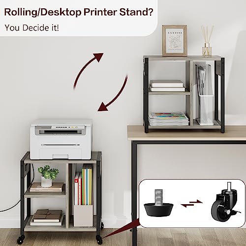 IDEALHOUSE Under Desk Printer Stand with Power Outlets, USB Ports, Storage Shelf, Wheels, Rustic Gray P958454