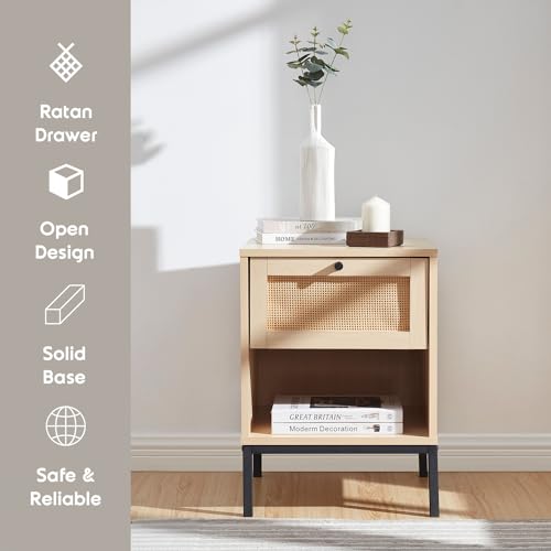 Nestl Night Stand, 1-Drawer Wood Rattan Bedside Table, Black Z58058