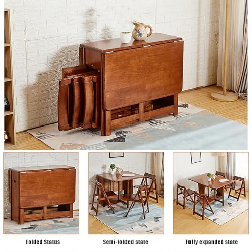 Solid Wood Folding Dining Table with Storage and Wheels, Red Brown M14953