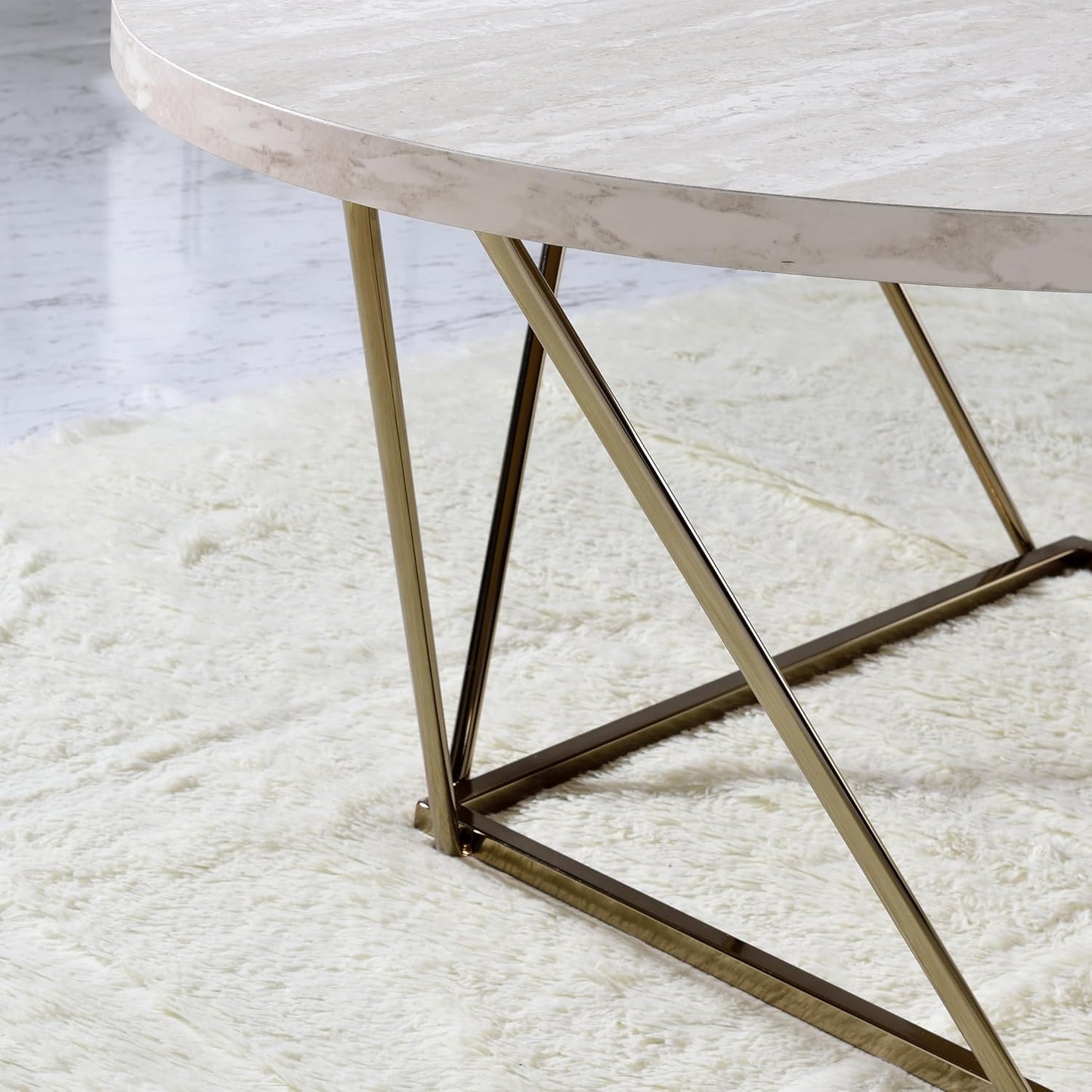 Modern Oval Coffee Table Faux Marble Top with Gold Metal Legs G491