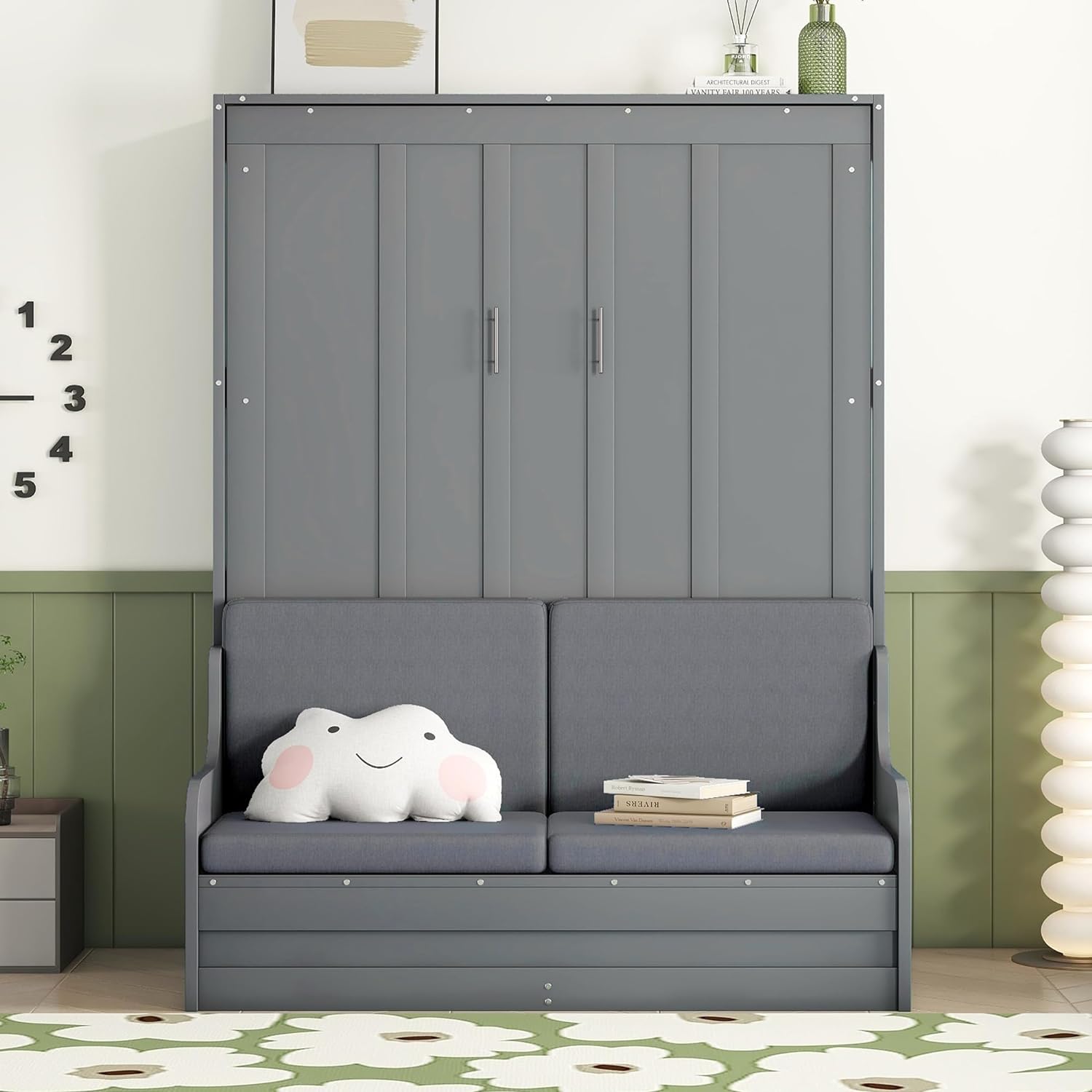 Queen Size Murphy Bed Chest with Upholstered Headboard, Solid Wood 87 "H Murphy Wall Bed Cabinet Bed with Cushion Seat for Guest Room Home Office, Space-Saving Design (Gray)