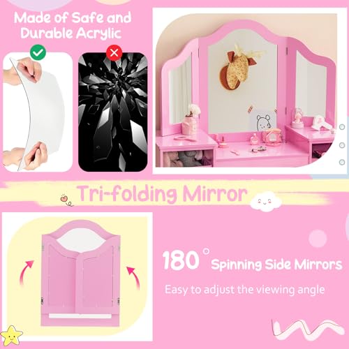 Costzon Kids Vanity 2-in-1 Princess Makeup Desk with Tri-fold Mirror, White Z72187