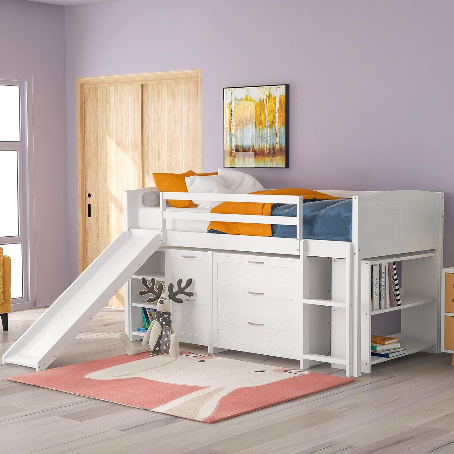 Twin Low Loft Bed with Slide, Storage Cabinets Drawers and Shelves, Wooden Space-Saving Loftbed Frame, for Kids Teens Bedroom, White