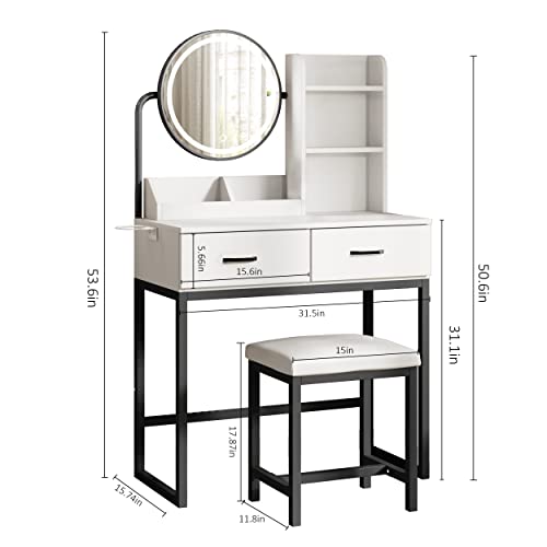 Makeup Vanity Desk with Round Mirror and Lights, White, with Storage D5614