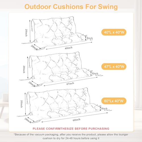 Porch Swing Cushion with Backrest, Waterproof Outdoor Bench Cushion, 2-3 Seater with Ties, Light Coffee Y6949