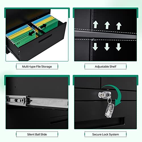Letaya Metal Storage Cabinet with Lock, 2 Drawers, Adjustable Shelves, Black N4147