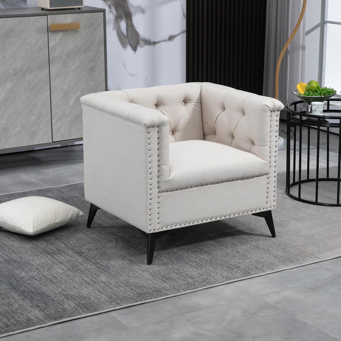 Accent Chair with Linen Fabric for Living Room Bedroom Office, Beige B94773