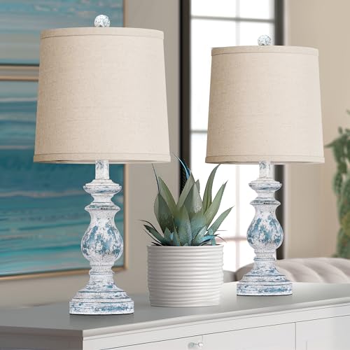 PARTPHONER Traditional Table Lamp Set of 2, Rustic Farmhouse Table Lamps for Living Room Bedroom, 22" Bedside Desk Lamps Vintage Nightstand Lamps with Linen Shades, Green