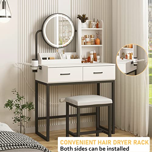 Makeup Vanity Desk with Round Mirror and Lights, White, with Storage D5614
