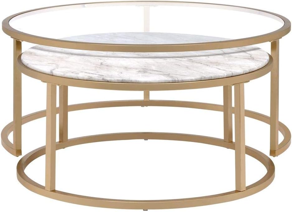 Knocbel Modern Nesting Coffee Table Set of 2, Faux Marble & Glass Top, Gold Metal Frame W86607