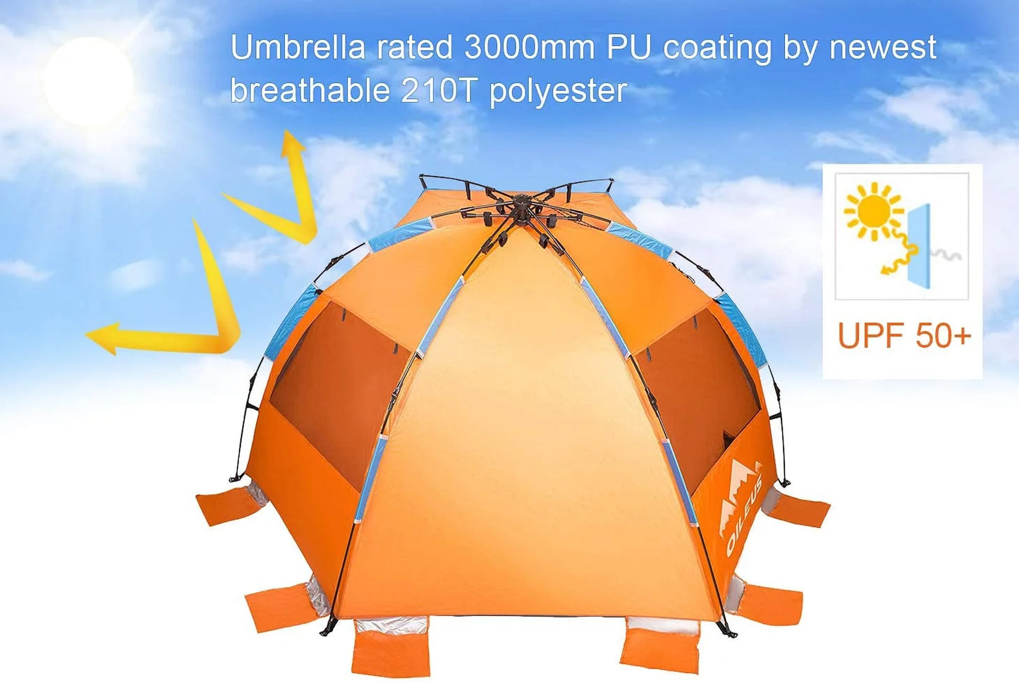 Oileus Beach Tent Sun Shelter X-Large 4 Person, Portable Pop Up with Carry Bag, Orange T55152