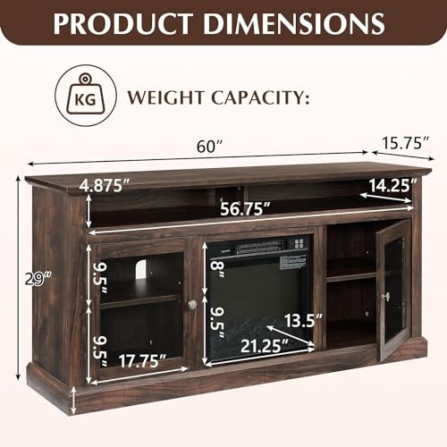 Farmhouse Fireplace TV Stand for TVs Up to 65'', Rustic Entertainment Center with Electric Fireplace, Brown W91016