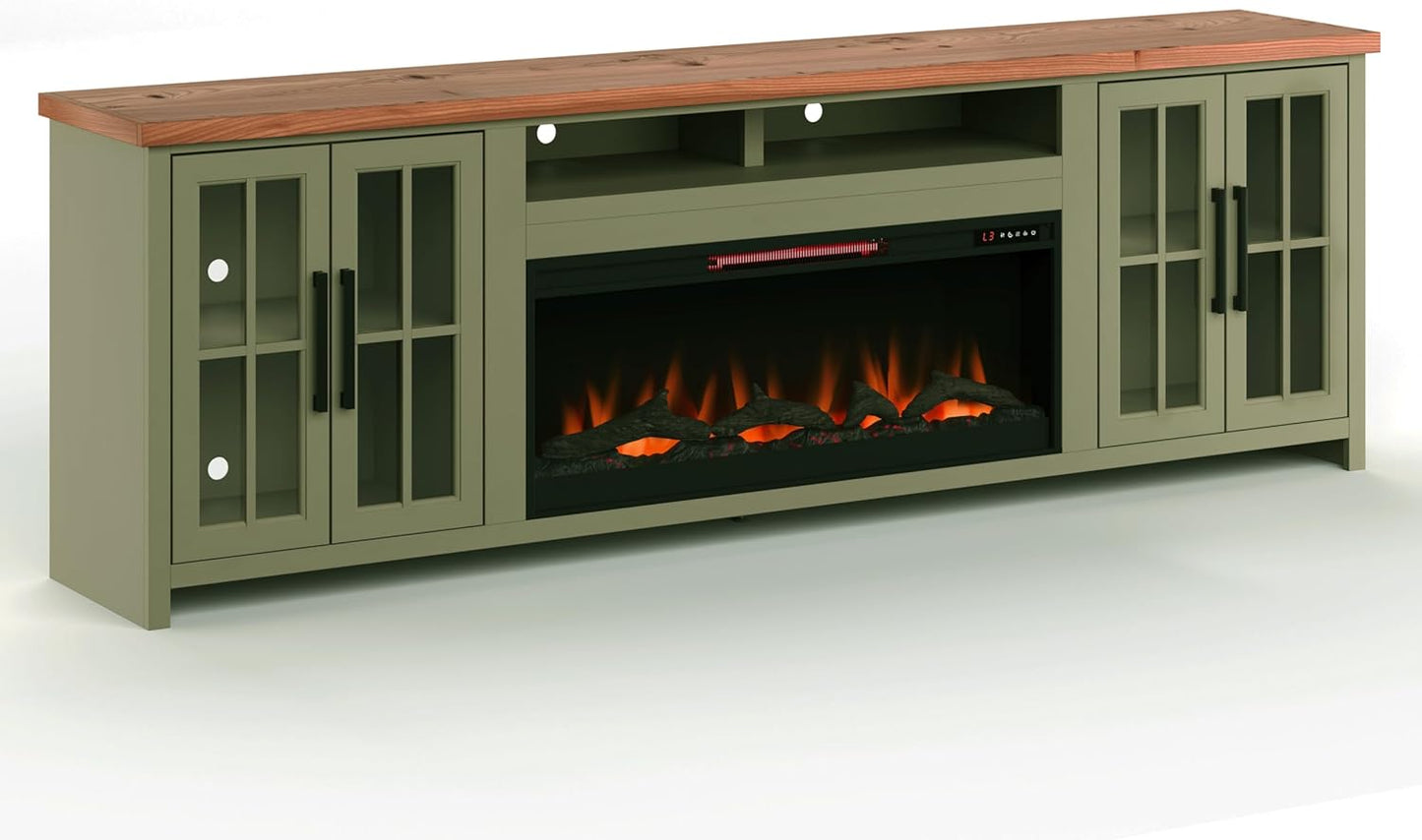 Bridgevine Home Vineyard 97 inch Fireplace TV Stand Console for TVs up to 100 inches, Sage Green and Fruitwood S374146