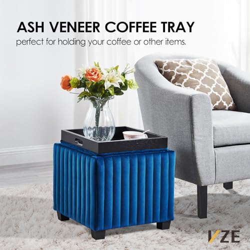 18-Inch Square Cube Storage Ottoman Bench with Coffee Tray, Beige Velvet X85429