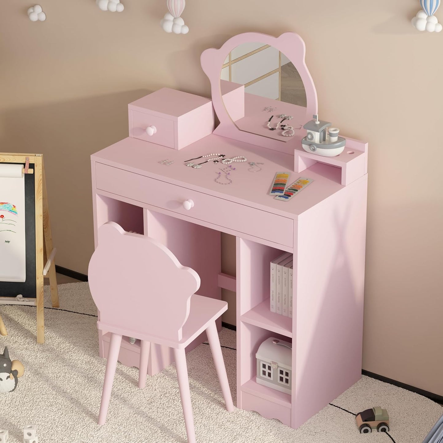 Kids Vanity Set with Mirror & Stool, Wooden Pink C28982