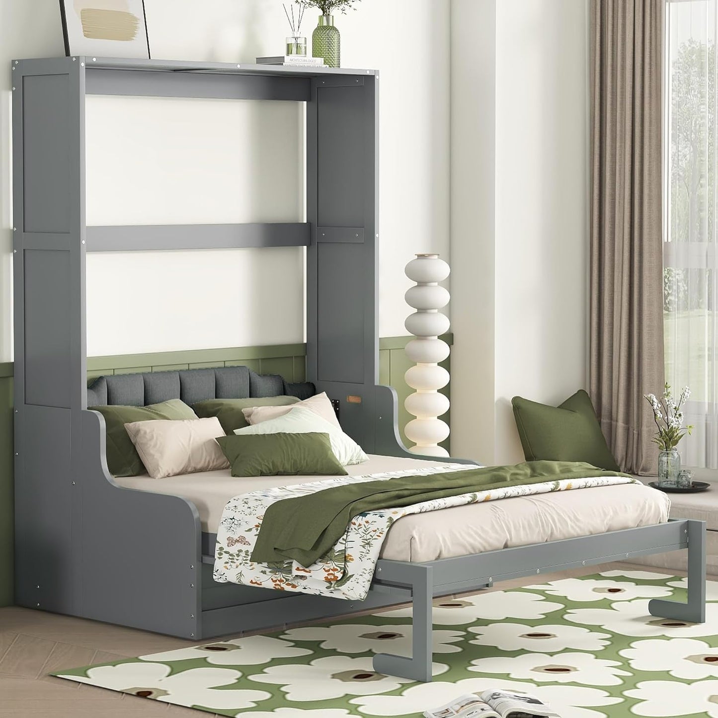 Queen Size Murphy Bed Chest with Upholstered Headboard, Solid Wood, Gray J8306