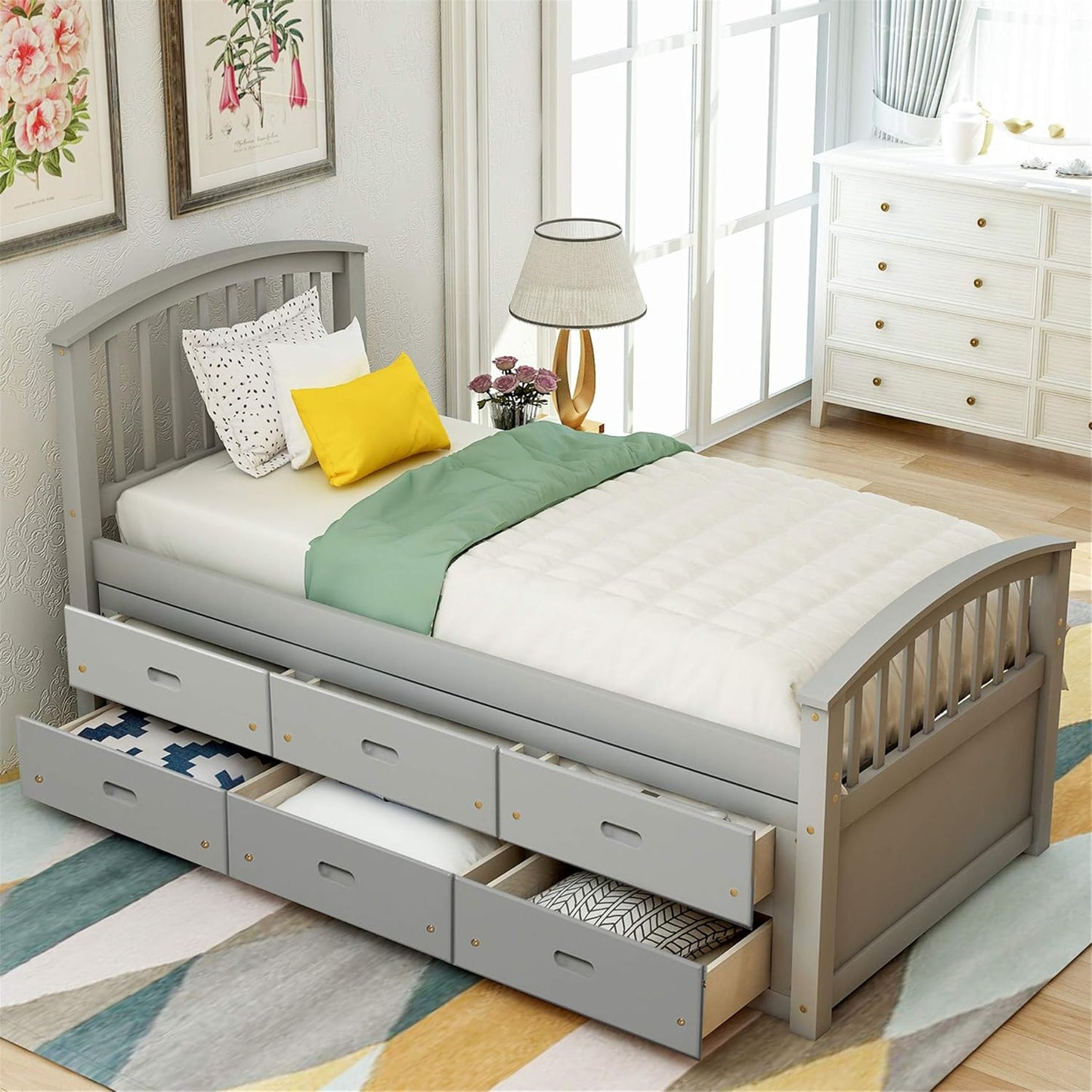 Harper & Bright Designs Twin Size Platform Storage Bed Solid Wood Captains Bed with 6 Drawers, No Box Spring Needed