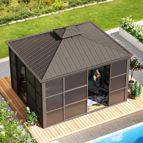 EROMMY 12' x 15' Sunroom Gazebo with Aluminum Frame and Polycarbonate Roof E71577